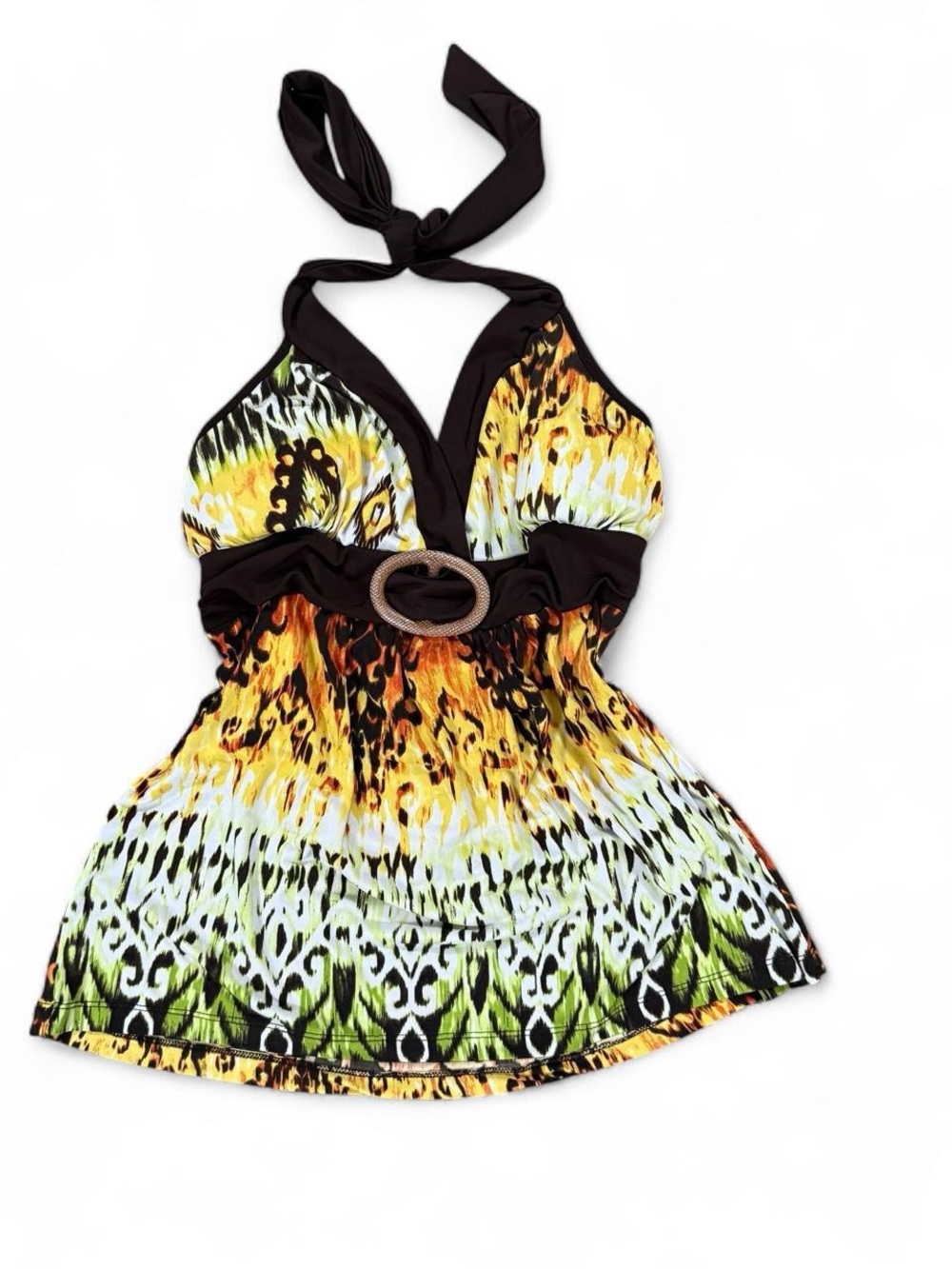 Y2K Brown Yellow Green Abstract Swirl Print Halter Top Tie Back Belt Size L